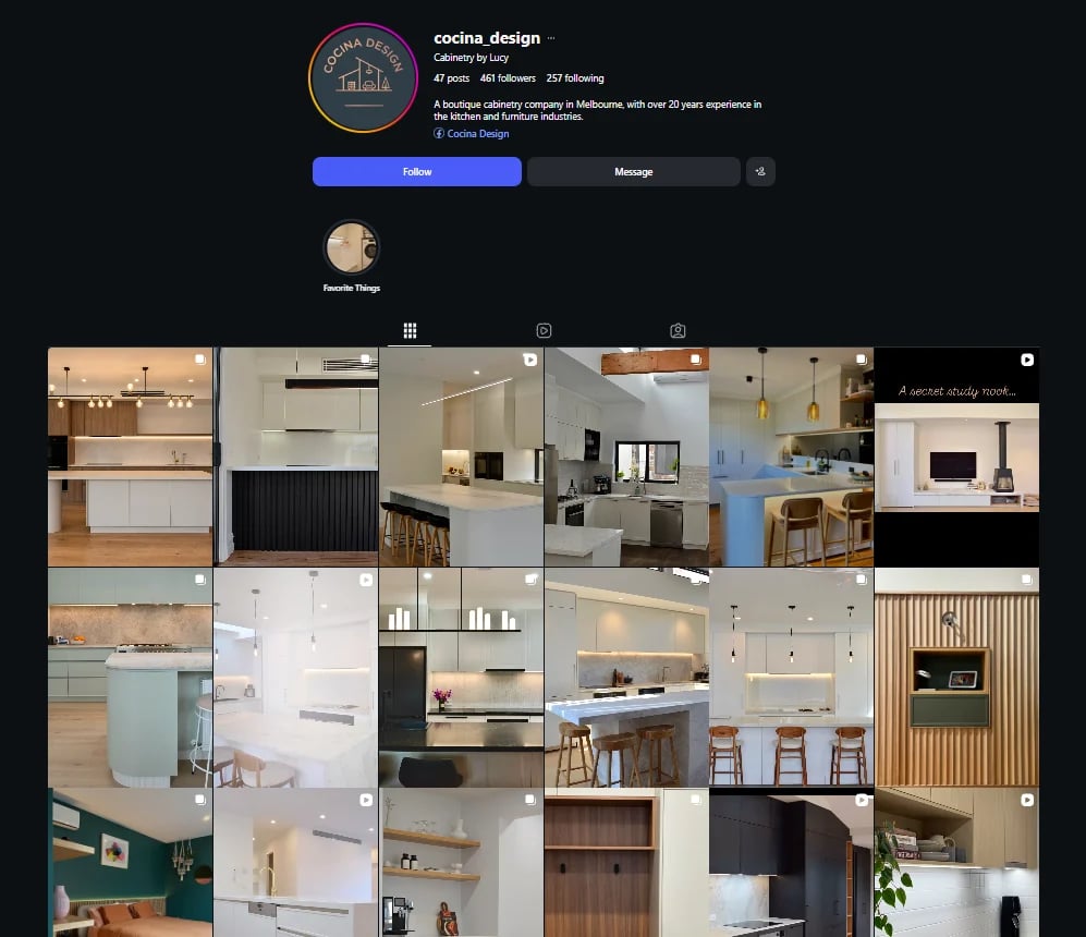Instagram profile page for cocina_design showing kitchen and interior design portfolio with multiple project photos arranged in a grid layout